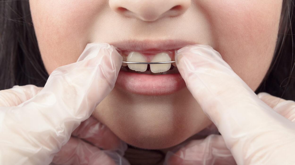 An orthodontist wearing disposable gloves places an orthodontic appliance for children on a young girl at the dentist's office. Concept of oral health in childhood.